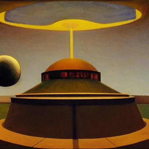 Image similar to giant mechanical eye being lowered through the roof of a dome - shaped control center, grant wood, pj crook, edward hopper, oil on canvas