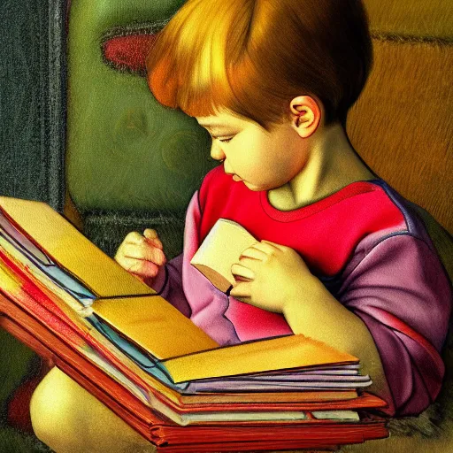 Prompt: photorealistic contemporary illustration of a beautiful child reading books, beautifully portrayed inside a retrofuturistic maximalist hyperdetailed room. in the style of Caravaggio, Michelangelo, Paul Gauguin, Modigliani, with flemish baroque vibrant shiny maximalist mixed media 3d textures in soft pastel tones. matte background. HD HD HDR high res 8x sharp