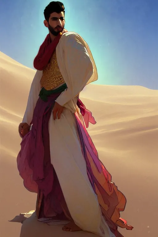 Image similar to full figure beautiful young fit arabic man, dressed with multicolored fluent clothes, luminous scene, by greg rutkowski and alphonse mucha, d & d character, gradient white to gold, in front of a dune desert background, highly detailed portrait, digital painting, artstation, concept art, smooth, sharp focus illustration, artstation hq