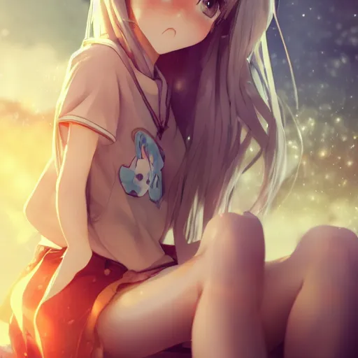 Image similar to a very beautiful anime girl, full body, long golden hair, sky blue eyes, full round face, short smile, mini jeans skirt, cute top, sitting holding knee together, cinematic lighting, medium shot, mid-shot, highly detailed, trending on Artstation, Unreal Engine 4k, cinematic wallpaper by Stanley Artgerm Lau, WLOP, Rossdraws, James Jean, Andrei Riabovitchev, Marc Simonetti, and Sakimichan