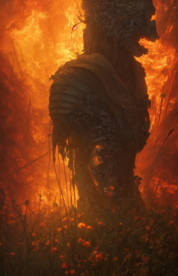 Image similar to portrait of a knight among flowers in dark forest, surrounded by fire and smoke, moody, rim light, dynamic lighting, cinematic shot, gritty, ultra - detail, renderman, physically based render, jean delville, gustave dore and marco mazzoni