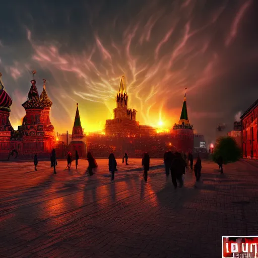 Image similar to a big nuclear explosion in Red Square Kremlin, dynamic lighting, clouds, cinematic, extremely high detail, photo realistic, cinematic lighting, post processed, concept art, artstation, matte painting, unreal engine 8k