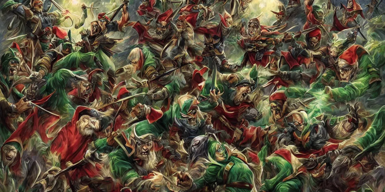 Prompt: evil elves fight evil dwarves