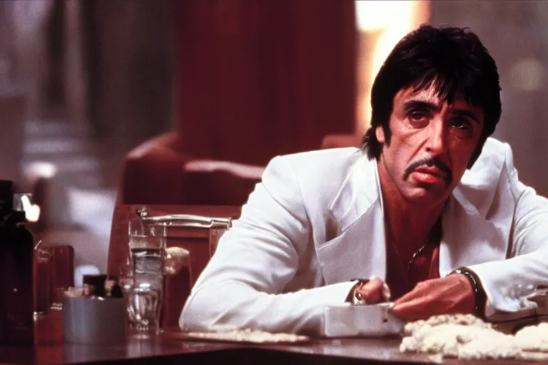Prompt: tony montana from movie scarface 1 9 8 3 sitting at a big black oak table with big packages of flour. next to the night window. al pacino. perfect symmetric face, coherent eyes,, fine details, 4 k, ron cobb, cinestill