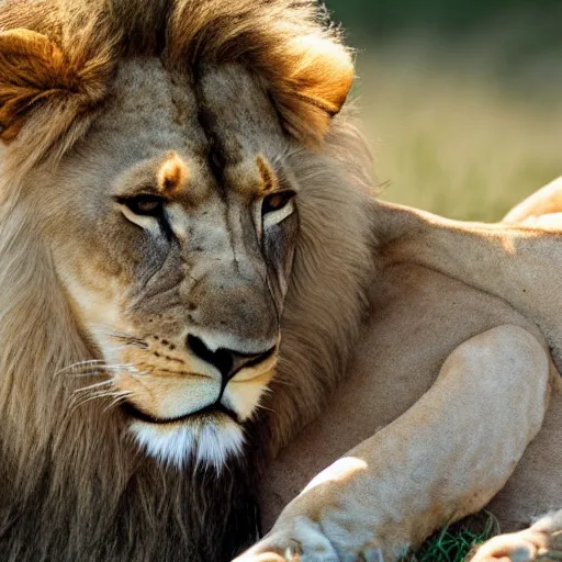 Image similar to contented lion and lioness cuddling with each other, national geographic photo, golden hour, adorable, 8k UHD