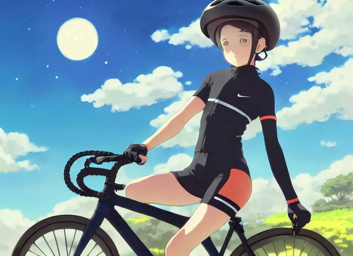 Image similar to portrait of cute girl riding road bike, sunny sky background, lush landscape, illustration concept art anime key visual trending pixiv fanbox by wlop and greg rutkowski and makoto shinkai and studio ghibli and kyoto animation, symmetrical facial features, sports clothing, road bike helmet, nike cycling suit, backlit, aerodynamic frame