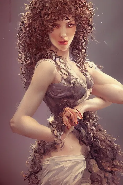 Image similar to a young beautiful lady with curly hair, in style of Valentin Serov, hypermaximalistic, high details, cinematic, 8k resolution, beautiful detailed, insanely intricate details, artstation trending, octane render, unreal engine