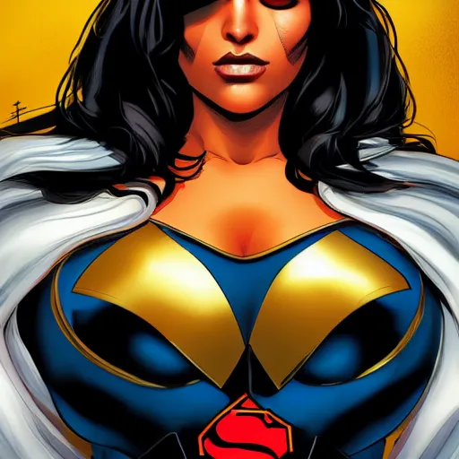 Prompt: stunning comic book style portrait painting of a super hero woman, full body, curvy, wide view, white blank eyes, 8k masterpiece, cinematic lighting, pristine and clean design, high fantasy, insanely detailed, atmospheric,