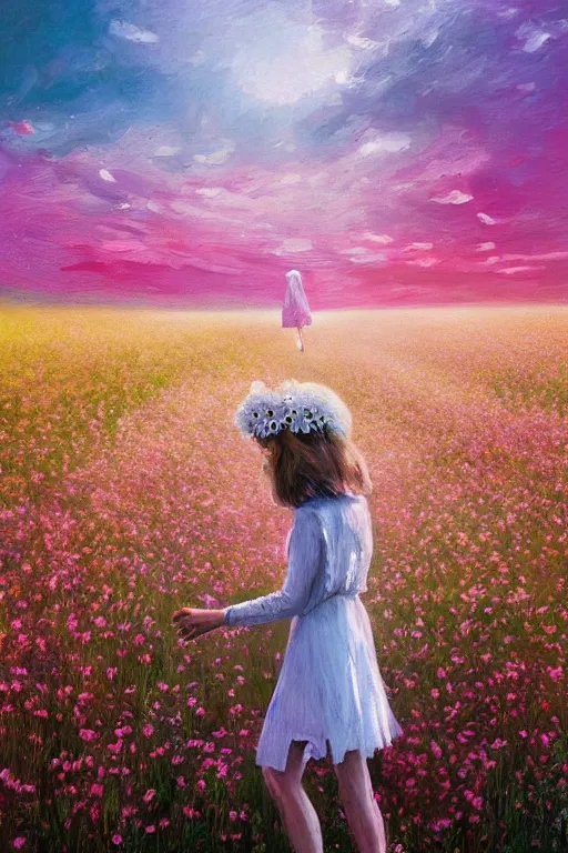 Image similar to white daisy flowers as head veil, girl walking in a flower field, surreal photography, sunrise, dramatic light, impressionist painting, colorful clouds, digital painting, artstation, simon stalenhag