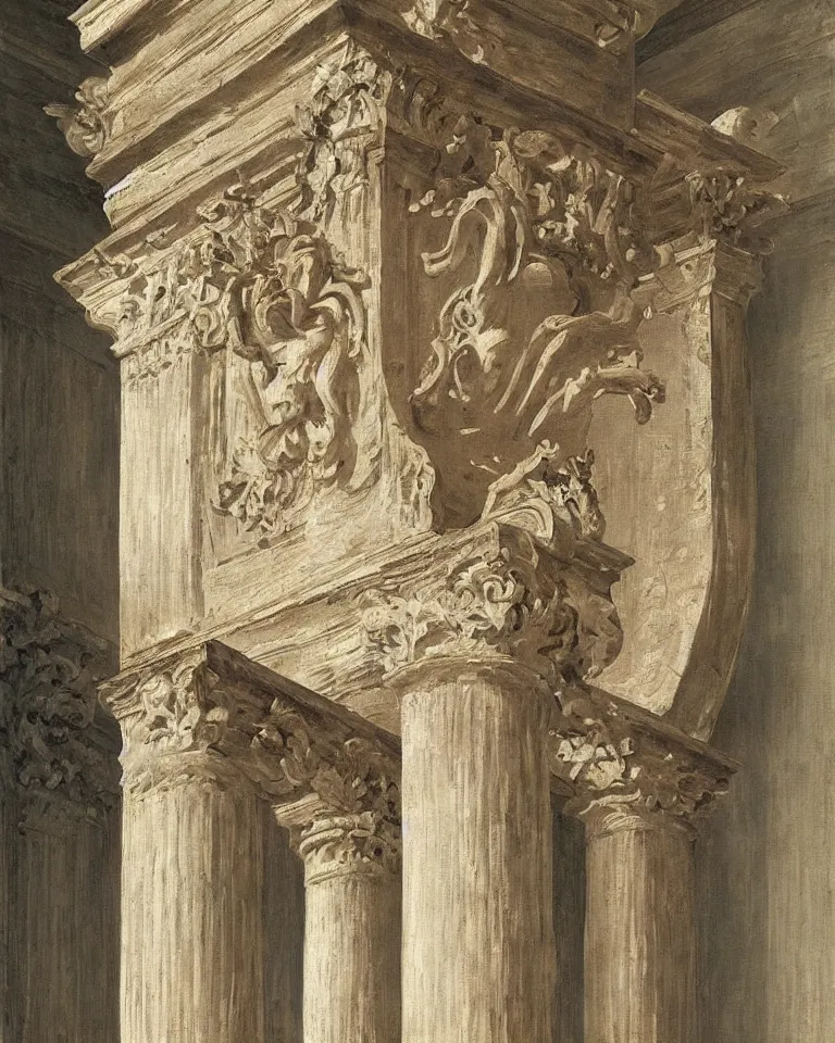 Image similar to achingly beautiful painting of intricate ancient roman corinthian capital on taupe background by rene magritte, monet, and turner. giovanni battista piranesi.