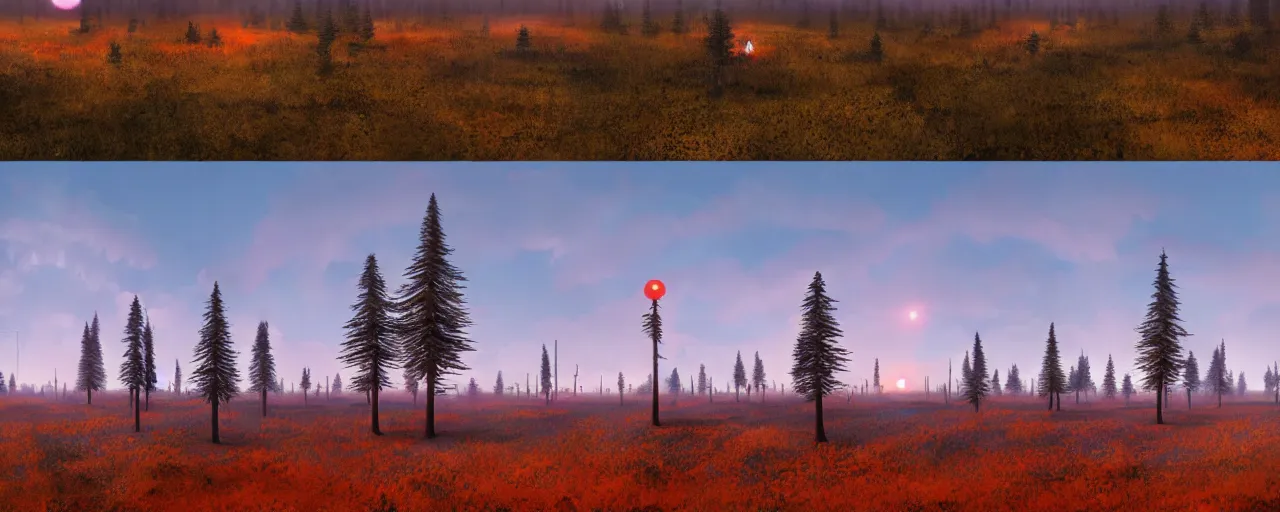 Image similar to a panoramic matte painting, on the left a towering abandoned nuclear plant, in the center a glowing neon orange pool puddle of radioactive sludge, on the right a forest of dead trees and black tree trunks, digital concept art by Simon Stalenhag, Beeple, Jeffrey Smith, Unreal Engine, 8k HDR