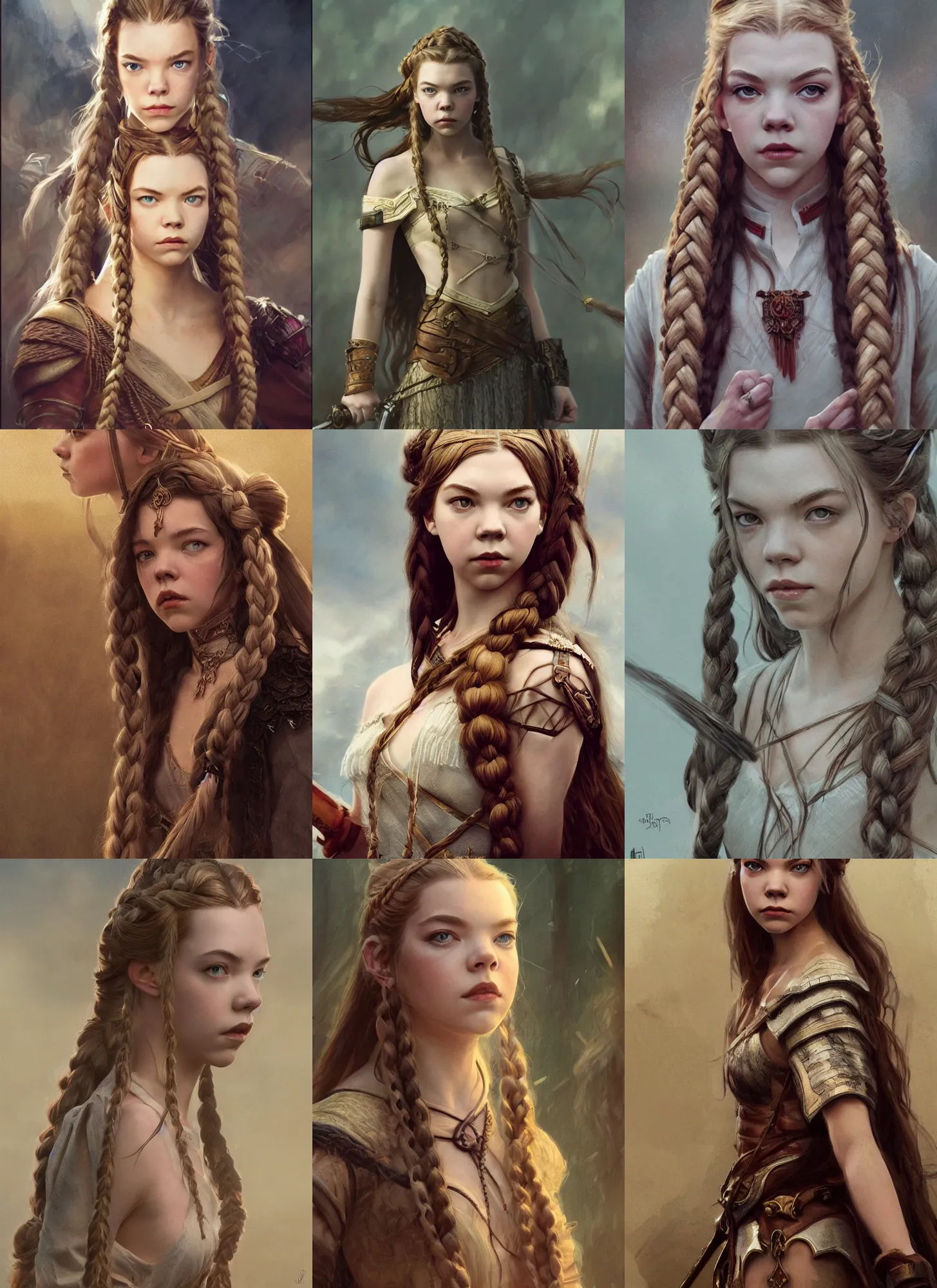 Prompt: anya taylor - joy in battle, long braided blond hair, elegant, highly detailed, artstation, concept art, sharp focus, rutkowski, mucha