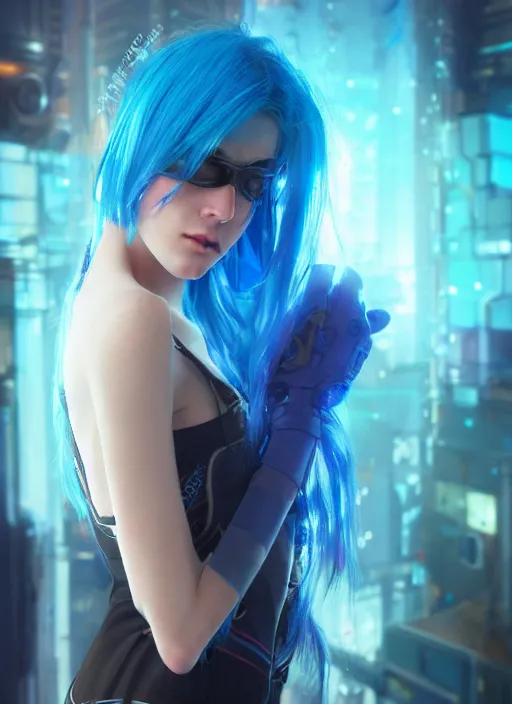 Image similar to beautiful young cyberpunk girl with blue hair, blue eyes, au naturel, digital art, trending in artstation, cinematic lighting, studio quality, smooth render, fluorescent skin, unreal engine 5 rendered, octane rendered, art style by klimt and nixeu and ian sprigger and wlop and krenz cushart