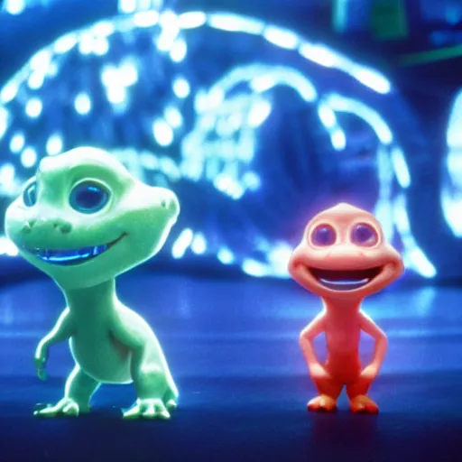 Image similar to cute smiling pixar and chibi style electric blue scaled glowing baby dinosaurs in tron movie, cinestill