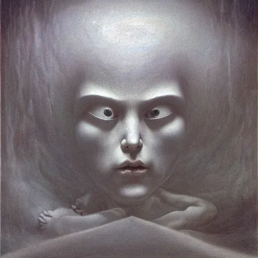 Image similar to in a dark bedroom sits an uncanny lonely ominous porcelain doll with cracks along it's face, by junji ito gerald brom by henry fuseli by zdzisław beksinski