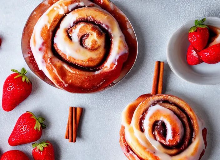 Prompt: sugary hot cinnamon rolls with extra glaze, strawberries, sprinkles, and coins, professional food photography, studio lighting, plating