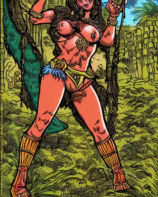 Image similar to buxom female amazonian warrior in the style of robert crumb meets russ nicholson from fighting fantasy books, highly detailed