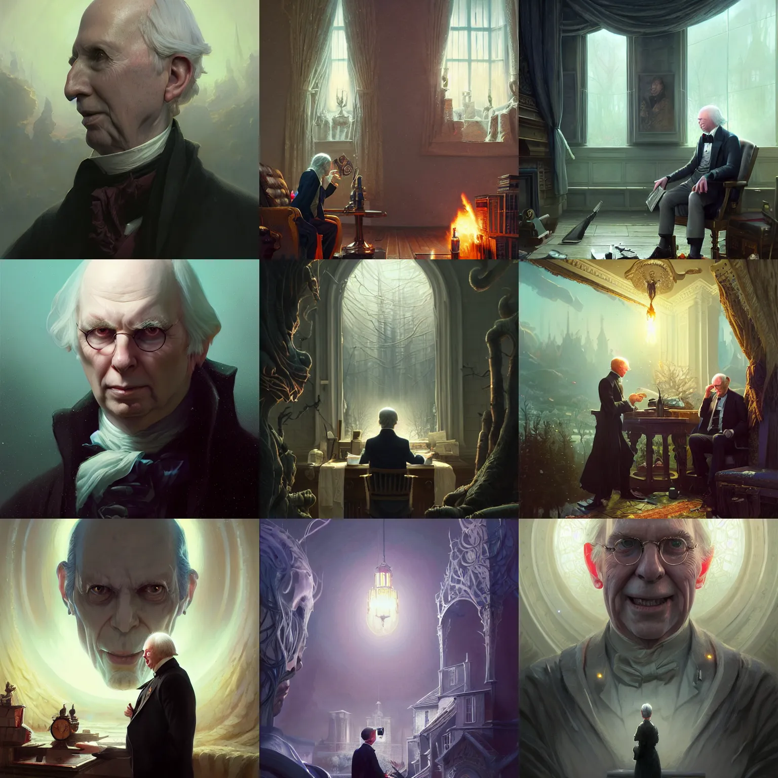 Prompt: highly detailed portrait of eldritch horrorifying president james madison, stephen bliss, unreal engine, fantasy art by greg rutkowski, loish, rhads, ferdinand knab, makoto shinkai and lois van baarle, ilya kuvshinov, rossdraws, tom bagshaw, global illumination, radiant light, detailed and intricate environment