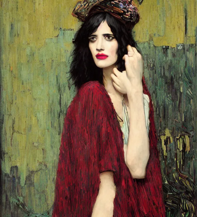 Prompt: portrait of fashionable young woman wearing rich jewerly hat and boho poncho into concrete hitech interior, eva green and Gemma Arterton, red light, dark make up on her face sitting dynamic pose, Low poly, thunder clouds in the sky, artwork by john william waterhouse and Denis Sarazhin and klimt and rhads and van gogh and Dean Ellis and Detmold Charles Maurice, levitation, industrial rusty pipes, simple form, brutal shapes