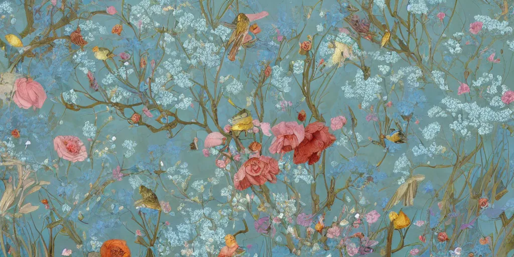 Image similar to breathtaking detailed concept art painting of goddesses of light blue flowers with anxious piercing eyes and vintage illustration pattern background blend of flowers and fruits and birds, by hsiao - ron cheng and beto val and john james audubon, bizarre compositions, exquisite detail, extremely moody lighting, 8 k