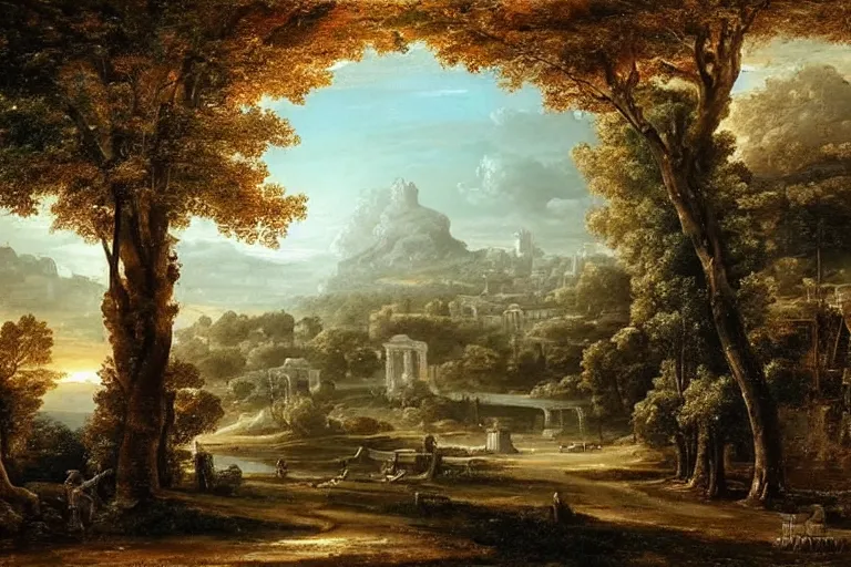 Image similar to beautiful city landscape with oak trees, mythology, fantasy, landscape background, vivid colors, digital painting, very detailed, realistic, high quality, by claude lorrain