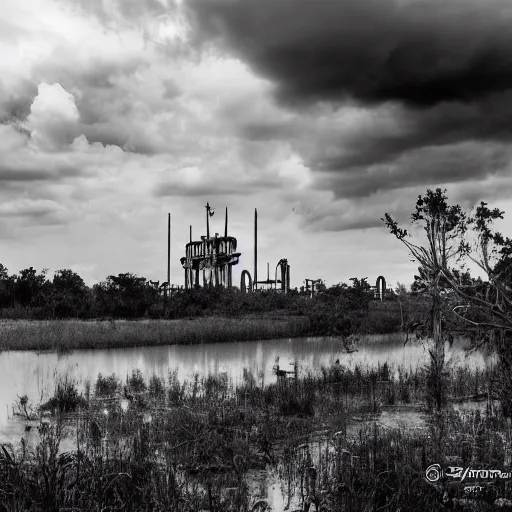 Image similar to post - apocalyptic magic kingdom, wasteland, submerged, monorail, abandoned, wet, swamp, swamp gas, nuclear fallout, black and white, dark clouds, mickey mouse, walt disney world, rubberhose cartoon