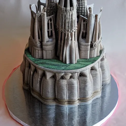 Prompt: a cake design inspired by a city by m. c. escher and gaudi sagrada familia