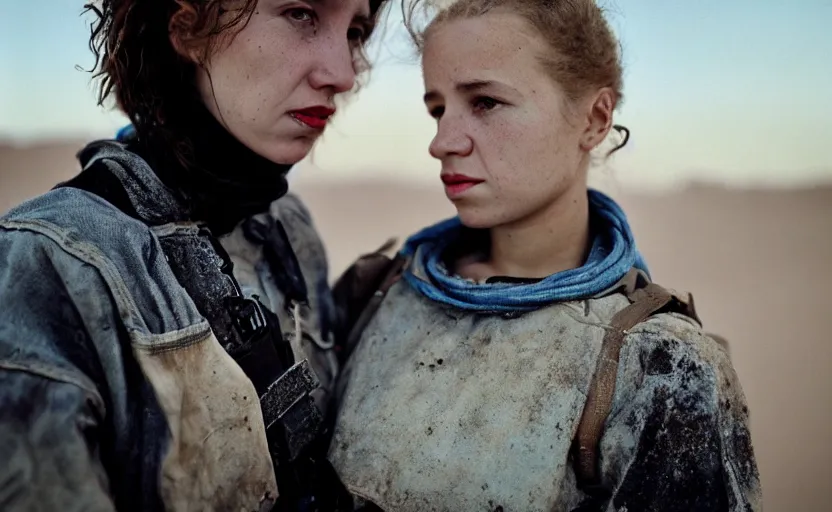 Prompt: cinestill 5 0 d photographic portrait by helen levitt of a white and mixed female android adult couple wearing rugged black techwear on a desolate plain of america, extreme closeup, modern cyberpunk, dust storm, 8 k, hd, high resolution, 3 5 mm, f / 3 2, ultra realistic faces, intricate detail, ex machina