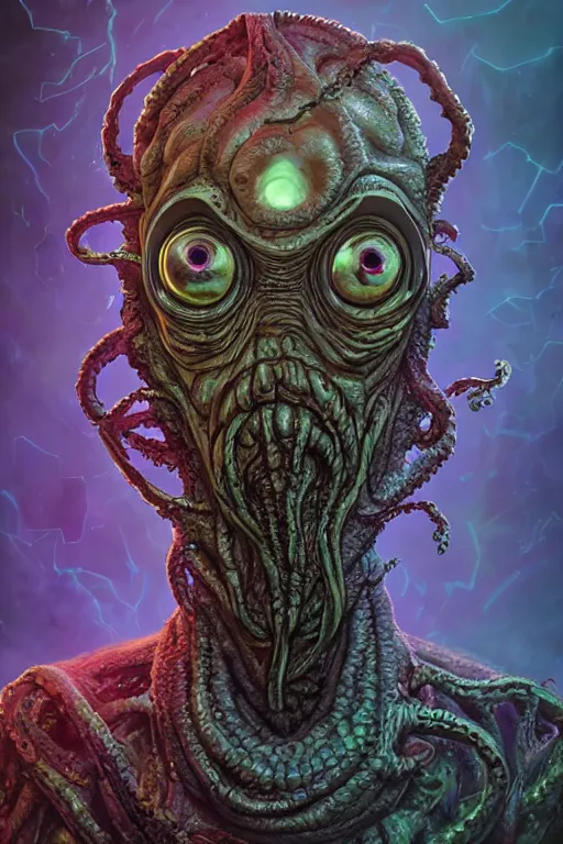 Prompt: rick and morty fused with lovecraft and vader helmet predator tentacle beard, realistic portrait, high details, intricate details, by vincent di fate, artgerm julie bell beeple, 90s, Smooth gradients, octane render, 8k, volumetric lightning, photo, High contrast, duo tone, depth of field, very coherent symmetrical artwork