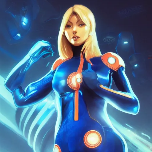 Image similar to Samus Aran in her blue skintight suit highly detailed, digital painting, artstation, concept art, sharp focus, illustration, cinematic lighting, art by artgerm and greg rutkowski and alphonse mucha