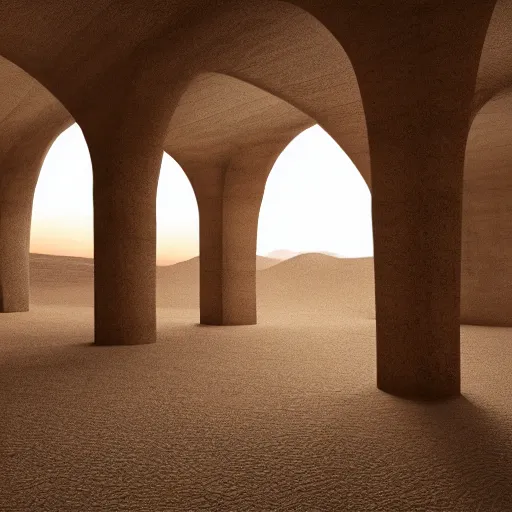 Image similar to a photo of the interior of a vast vaulted structure made of concrete, the structure is in the desert, the structure is tall and infinite, volumetric lighting, light rays, photorealistic, ultrarealistic, coronarender, 8k