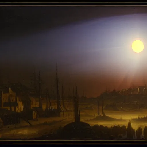 Image similar to dark solar eclipse, above a village, highly detailed, studio 4 k quality, by carl gustav carus