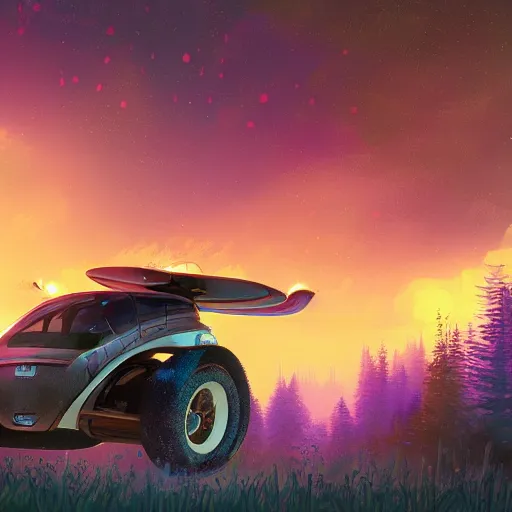 Image similar to flying car in futuristic spiritual mystical post apocalyptic forest by ron gilbert, dim painterly volumetric aquatic sunset lighting, beautiful, crisp, artstation, highly detailed