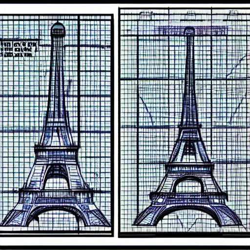 Image similar to rejected design sketches for the eiffel tower blueprint technical drawing laid out on a grid