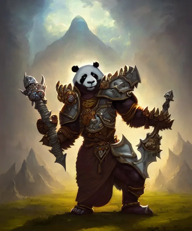 Image similar to a portrait an anthropomorphic panda paladin holding a doombringer, wearing paladin plate, landscape in background, dnd character art portrait, world of warcraft style, by peter mohrbacher, cinematic lighting