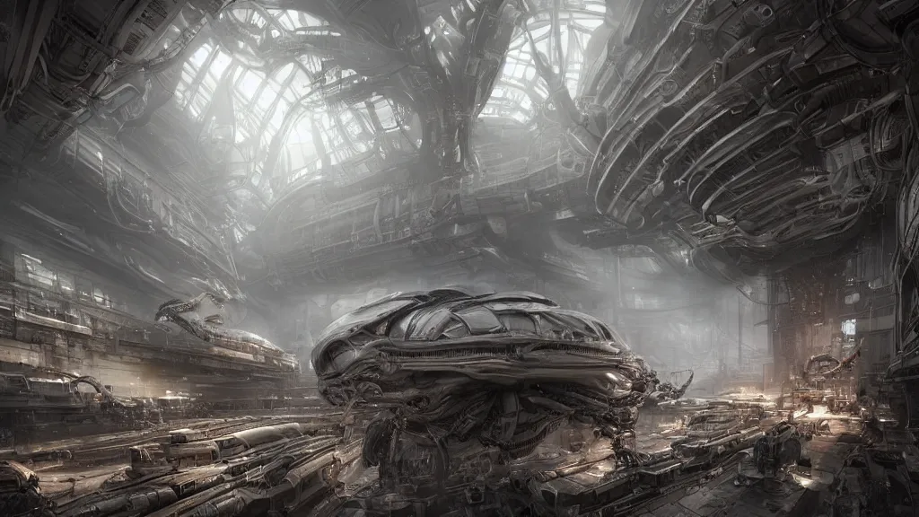 Image similar to a Photorealistic dramatic hyperrealistic,hyper detailed render by Greg Rutkowski,Craig Mullins,Nicolas Bouvier SPARTH, ILM of an Epic Sci-Fi, Gigantic Alien xenomorph spaceship inside huge interior hangar,intricate bio mechanical surface details,many tubes and cables hanging from the ceiling,Beautiful dynamic dramatic moody lighting,contrast and shadows,Volumetric,Cinematic Atmosphere,Octane Render,Artstation,8k