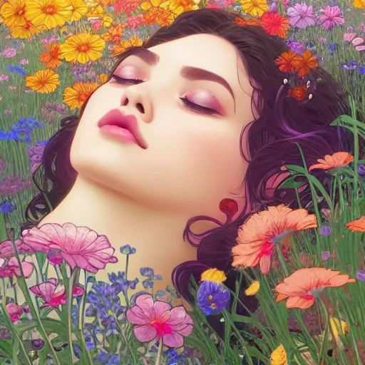 Prompt: a woman sleeping in the middle of flowers, confident pose, pixie, genshin impact, intricate, elegant, sharp focus, illustration, highly detailed, concept art, matte, trending on artstation, lisa frank, alfons mucha, art by wlop and artgerm and greg rutkowski, ilya kuvshinov, strong strokes