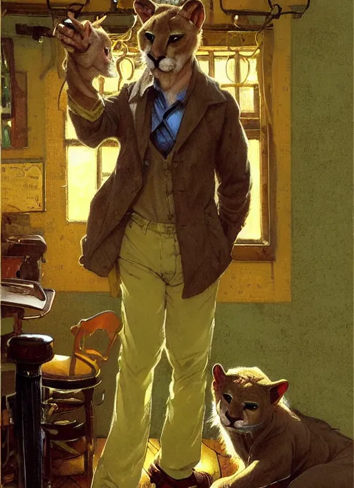 Prompt: beautiful portrait commission of a male Furry Anthro albino mountain lion Fursona wearing a yellow button-down shirt, olive green slacks in a old-timey saloon. Atmospheric. Renowned character illustration by greg rutkowski, thomas kindkade, alphonse mucha, loish, norman rockwell. detailed, inked, western comic book art