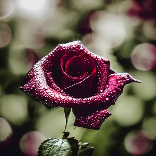 Prompt: close up of a burgundy rose with droplets of water reflecting the moon. hyper-realistic. intricate detail. cinematic and volumetric light.