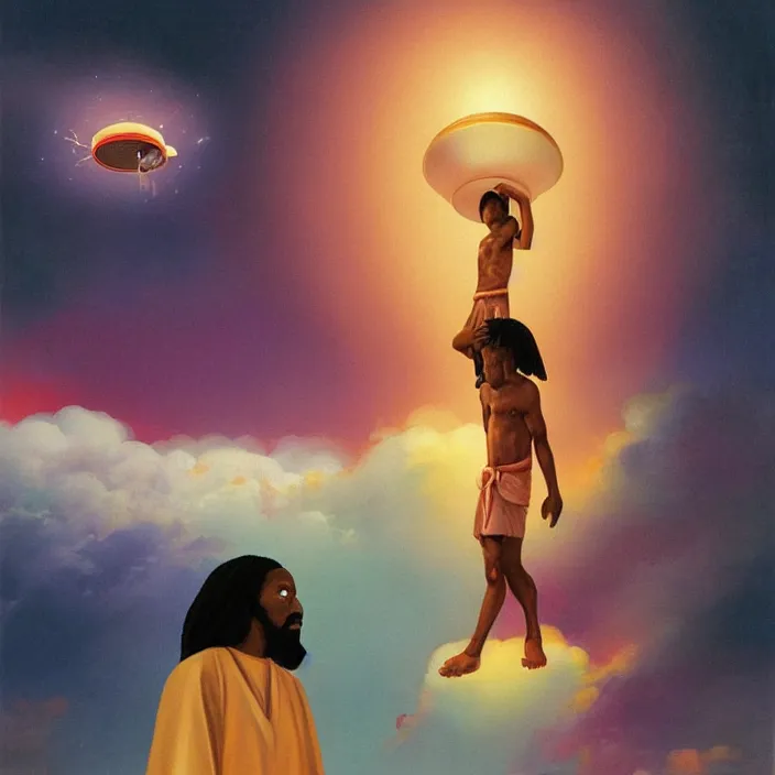 Prompt: UFO hovering over an African Jesus , clouds, colorful, painting by Hsiao-Ron Cheng,