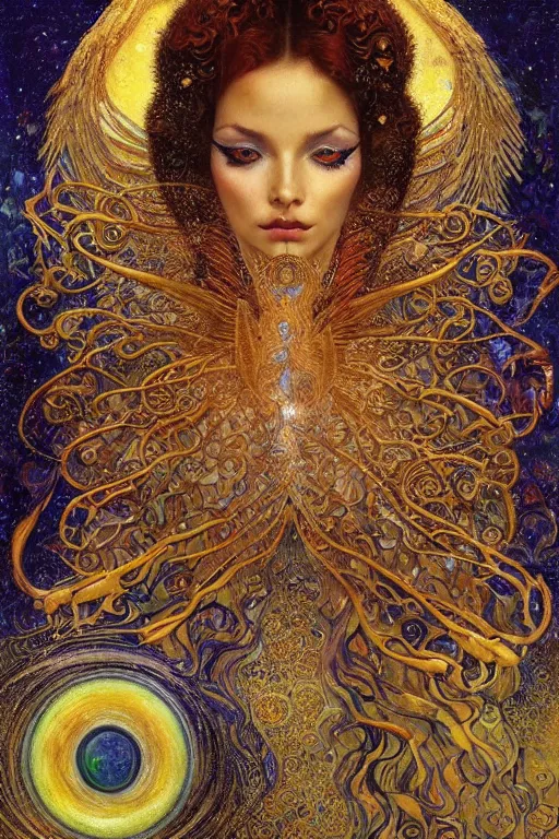 Prompt: Visions of Paradise by Karol Bak, Jean Deville, Gustav Klimt, and Vincent Van Gogh, visionary, otherworldly, radiant halo, fractal structures, infinite angelic wings, ornate gilded medieval icon, third eye, spirals, heavenly spiraling clouds with godrays, airy colors