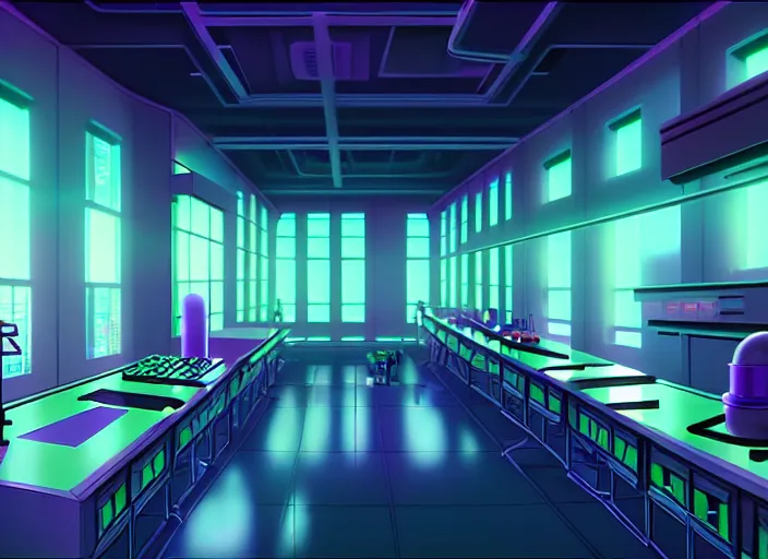 Image similar to a matte painting of a vast sci - fi lab, vaporwave aesthetic, toei animation background, sharp details, cinematic color grading, spooky, halloween