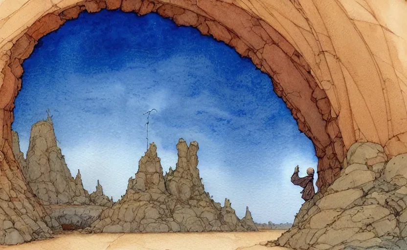 Image similar to a hyperrealist watercolour concept art of a large rock arch dimensional portal showing a clear blue sky. a medieval monk in grey robes is kneeling in prayer below it on a desert road at night. by rebecca guay, michael kaluta, charles vess and jean moebius giraud. high detail, hq, wide shot