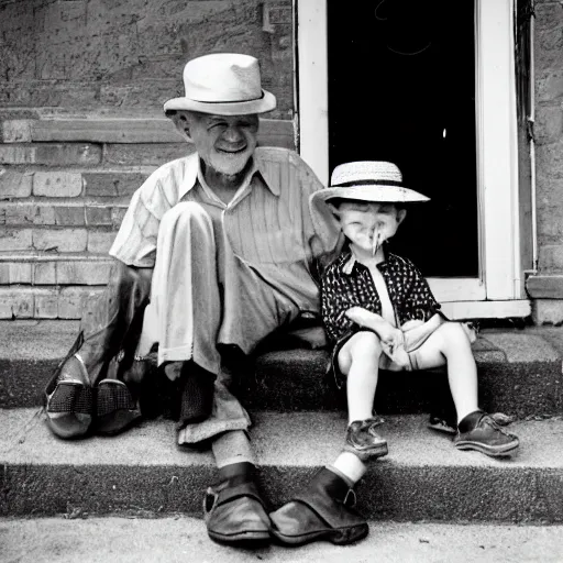 Image similar to An old man wearing a straw hat sitting on the stoop smiling at a happy four year old boy who sits next to him. 1950s, Americana, vintage, black and white, Ian Berry.