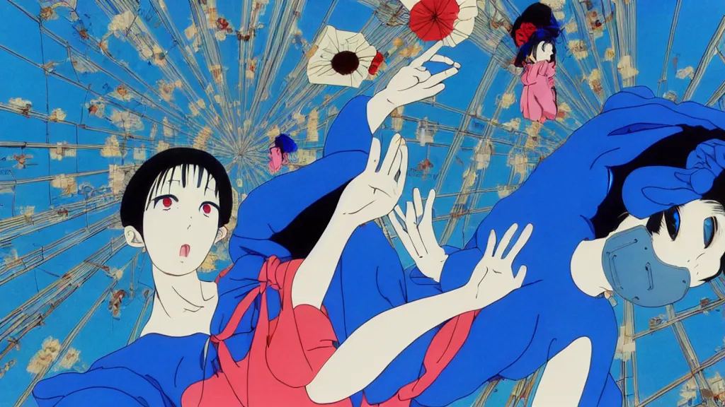 Image similar to a woman wearing a blue dress and wearing a blue bird mask falling from a building in Tokyo, anime film still from the an anime directed by Katsuhiro Otomo with art direction by Salvador Dalí, wide lens