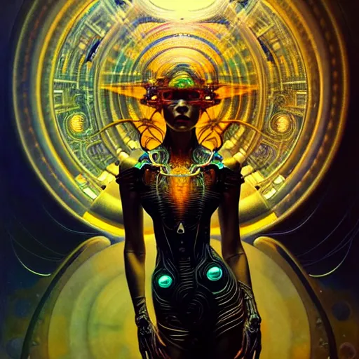 Prompt: extremely psychedelic beautiful cyborg goddess infected by night. intricate, elegant, highly detailed, extremely lifelike photorealistic digital painting, artstation. steichen, gaston bussiere, tom bagshaw, cyberpunk alphonse mucha. elegant minimalism. anatomically correct. sharp focus. gold, black accents. surreal lush cosmic hallucination