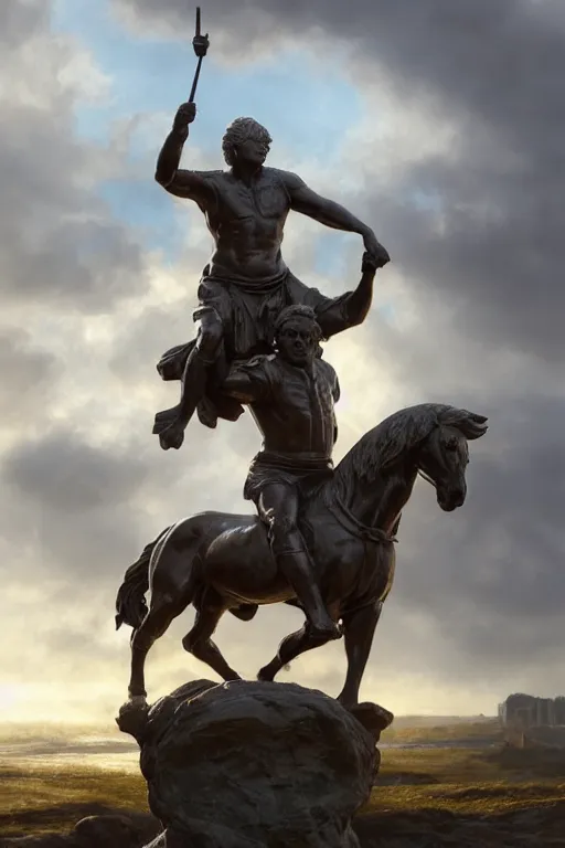 Prompt: a statue of boris johnson riding a horse, anatomy, bathed in light, highly detailed, photorealistic, artstation, smooth, sharp focus, illustration, unreal engine 5, 8 k, art by artgerm and greg rutkowski and edgar maxence