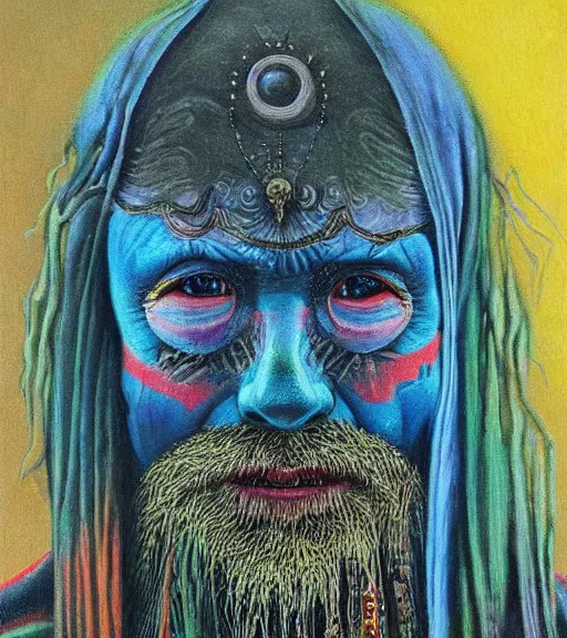 Image similar to Portrait painting in a style of Beksinski mixed with Alex Grey of an old shaman dressed in a colorful traditional clothes.