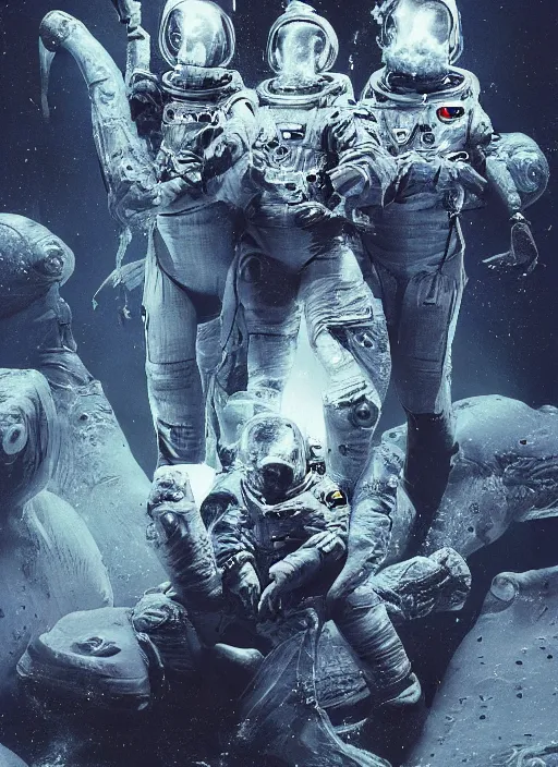 Image similar to astronauts in dark and empty void underwater - complex and hyperdetailed technical suit. reflection and dispersion materials. rays and dispersion of light. volumetric light. 5 0 mm, f / 3 2. noise film photo. flash photography. ultra realistic, wide angle. poster by wayne barlowe, hajime sorayama aaron horkey, craig mullins