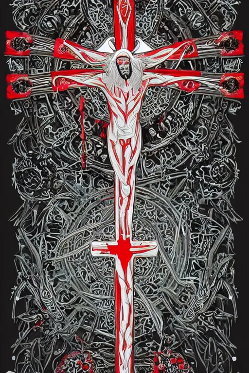 Image similar to blooded jesus christ on mayheim crosses. symmetrical anatomy, very intricate, digital design, perfect details, pop art style, colorful, accompanied by body, pure image without duplication, dribble popular, trending on arstation, drawn by ilya kuvshinov and darbotz and vinicius gud and gustavo zambelli, intricate, ultra high definition.